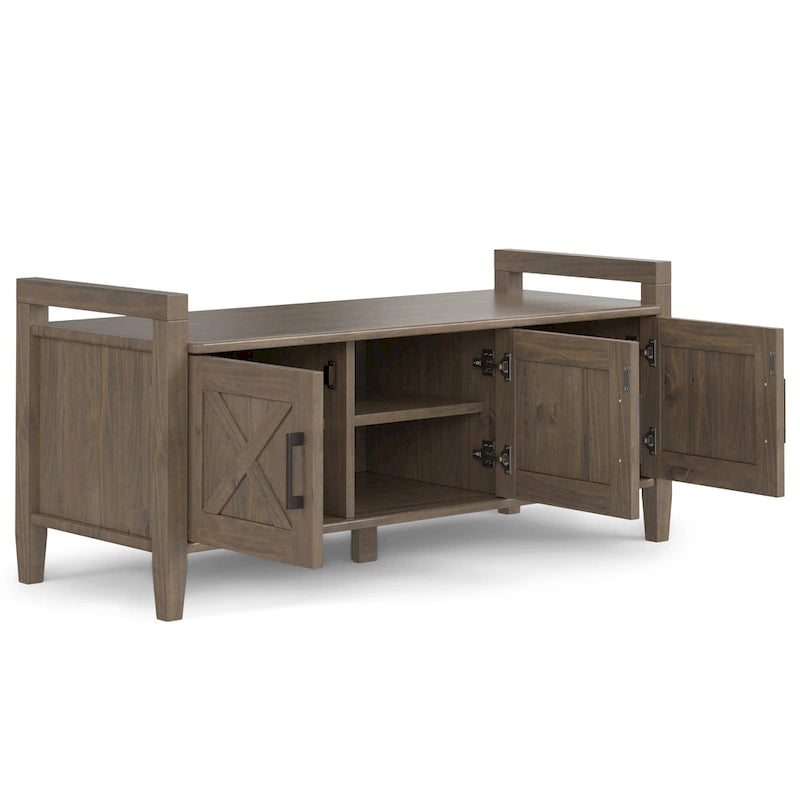 Banc de rangement d'entrée de style transitionnel en BOIS MASSIF Cantina WYNDENHALL, largeur 44 pouces, brun fumé - 18 p x 44 l x 19,8 h