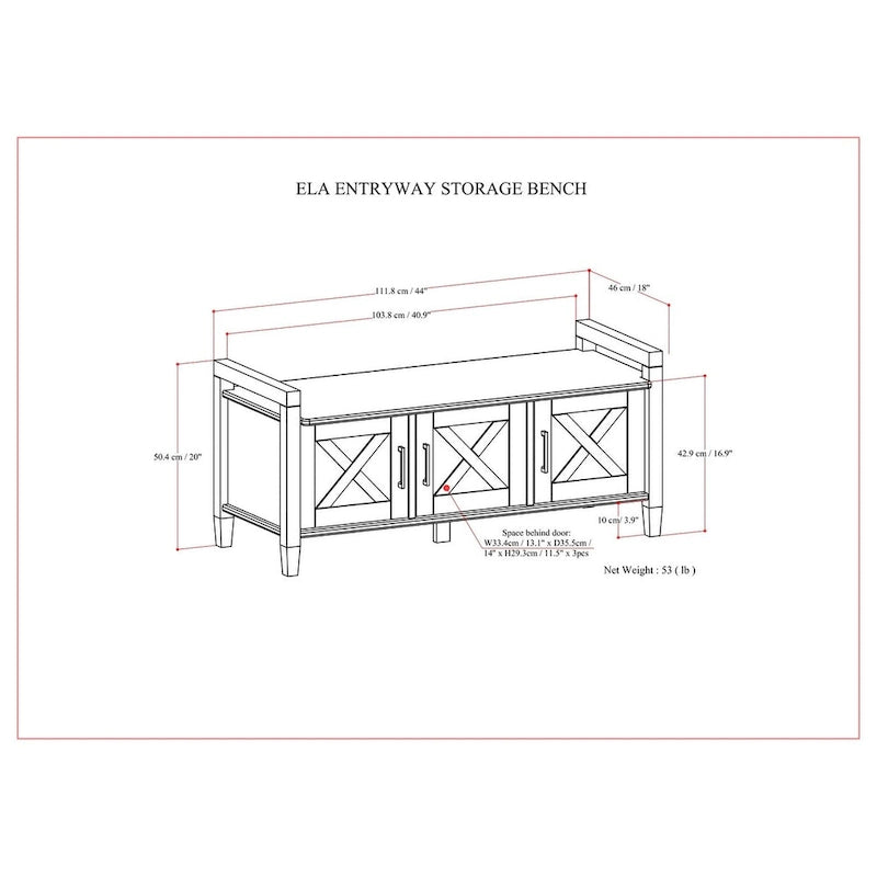 Banc de rangement d'entrée de style transitionnel en BOIS MASSIF Cantina WYNDENHALL, largeur 44 pouces, brun fumé - 18 p x 44 l x 19,8 h