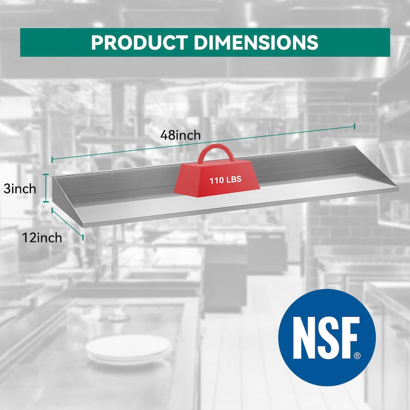 Étagère de rangement de cuisine murale Moasis en acier inoxydable – 48 x 12 pouces