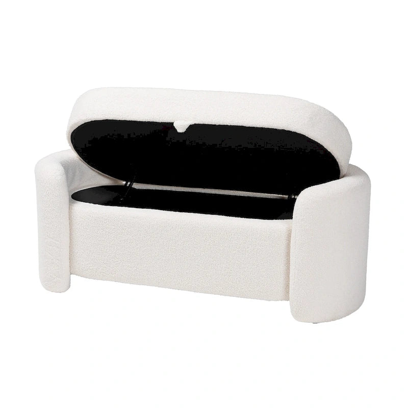 Banc de rangement rembourré en bouclé ivoire Oakes, style moderne et contemporain