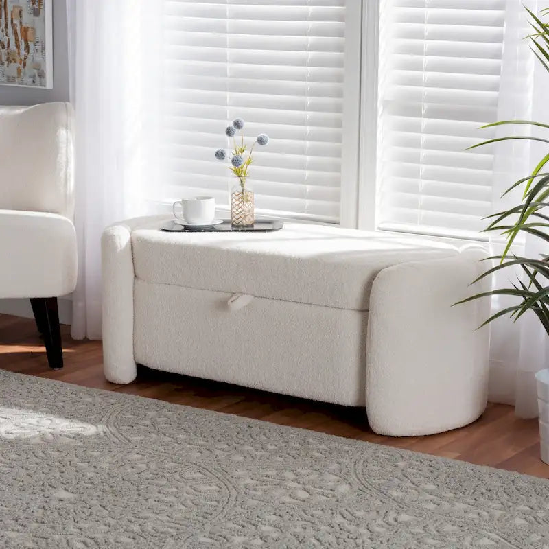 Banc de rangement rembourré en bouclé ivoire Oakes, style moderne et contemporain