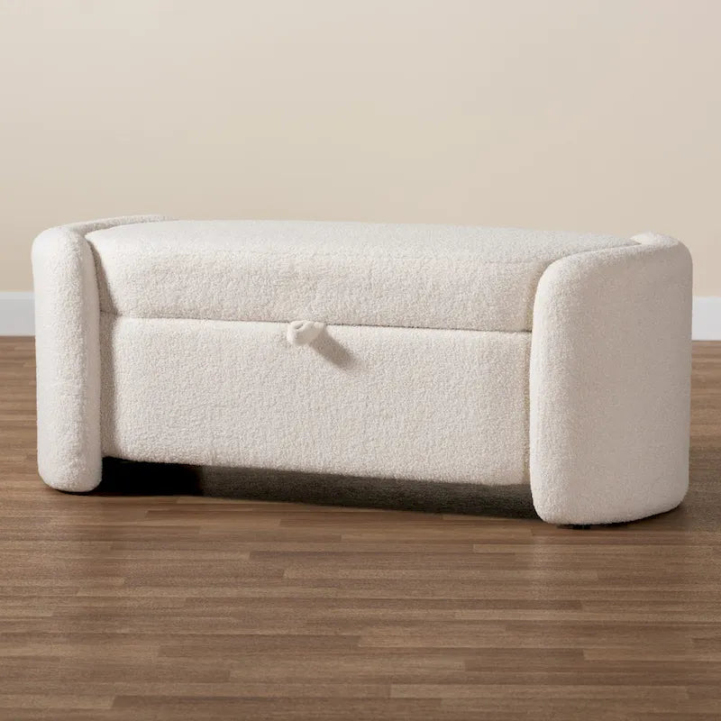 Banc de rangement rembourré en bouclé ivoire Oakes, style moderne et contemporain