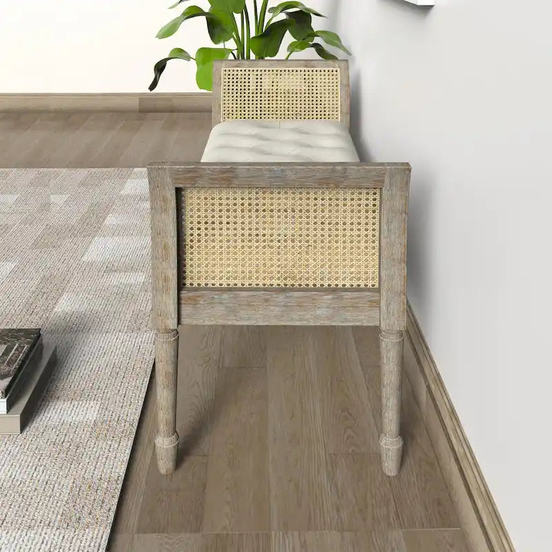 Banc rembourré capitonné en bois Dilwen avec accoudoirs hauts évasés en rotin