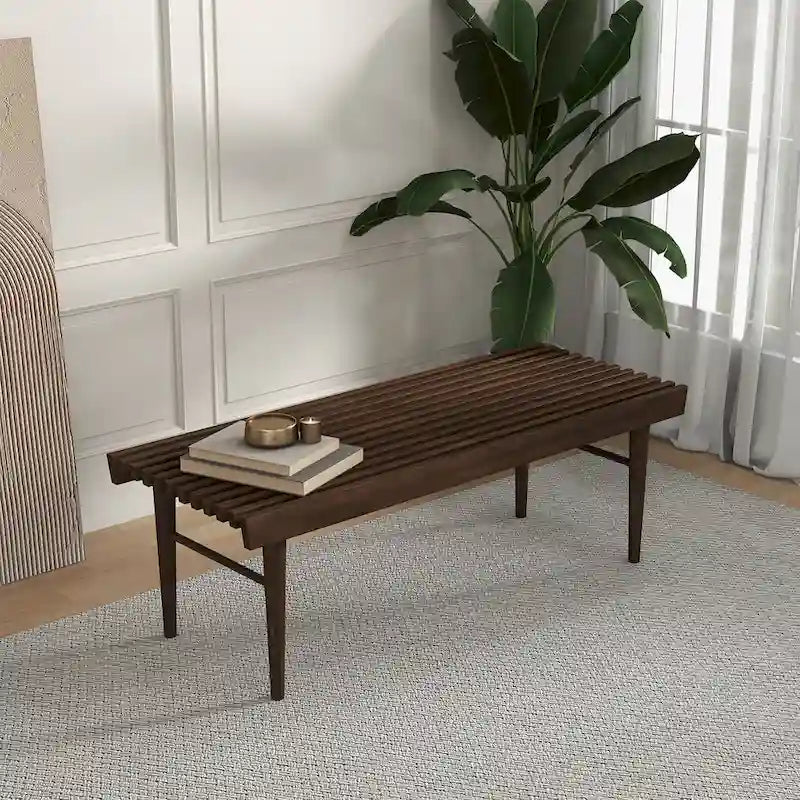 Banc rembourré en bois massif mi-siècle Silvie, couleur marron