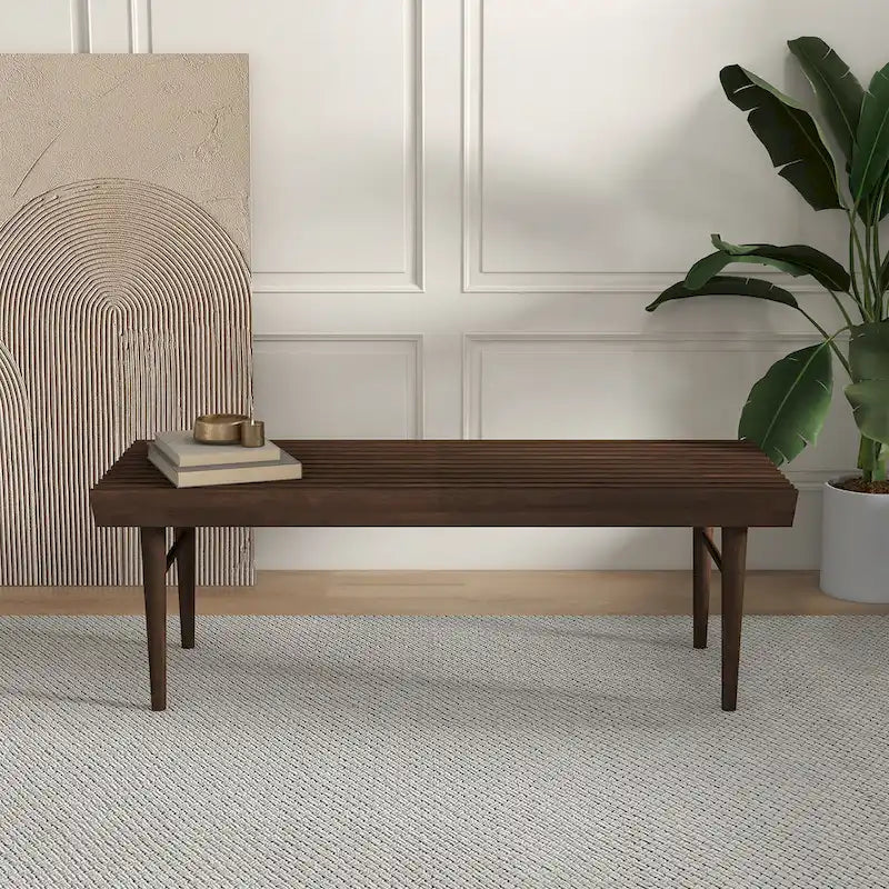 Banc rembourré en bois massif mi-siècle Silvie, couleur marron
