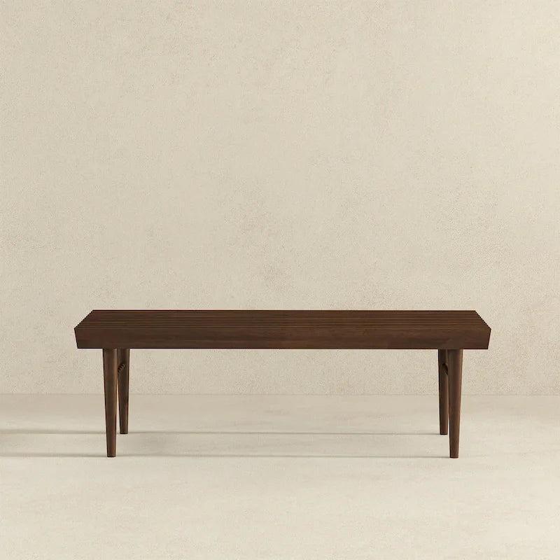 Banc rembourré en bois massif mi-siècle Silvie, couleur marron
