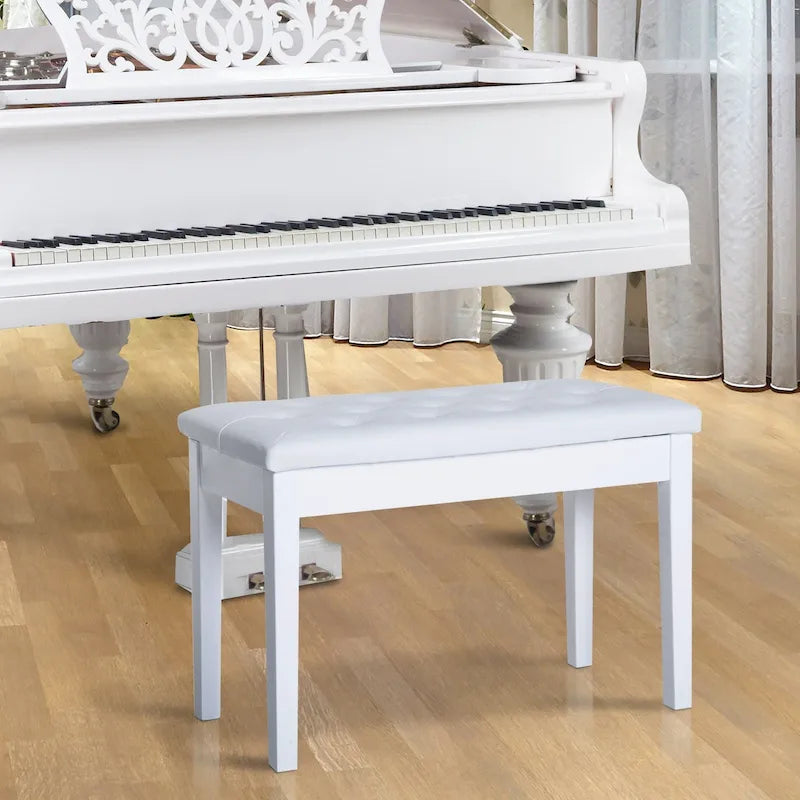 Banc de piano 2 places rembourré en similicuir en bouleau HOMCOM de style campagnard traditionnel - Blanc