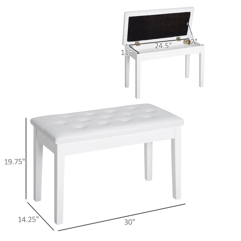 Banc de piano 2 places rembourré en similicuir en bouleau HOMCOM de style campagnard traditionnel - Blanc
