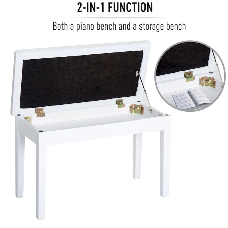 Banc de piano 2 places rembourré en similicuir en bouleau HOMCOM de style campagnard traditionnel - Blanc