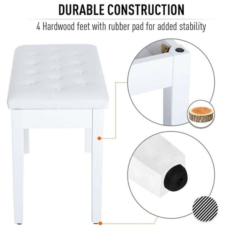 Banc de piano 2 places rembourré en similicuir en bouleau HOMCOM de style campagnard traditionnel - Blanc