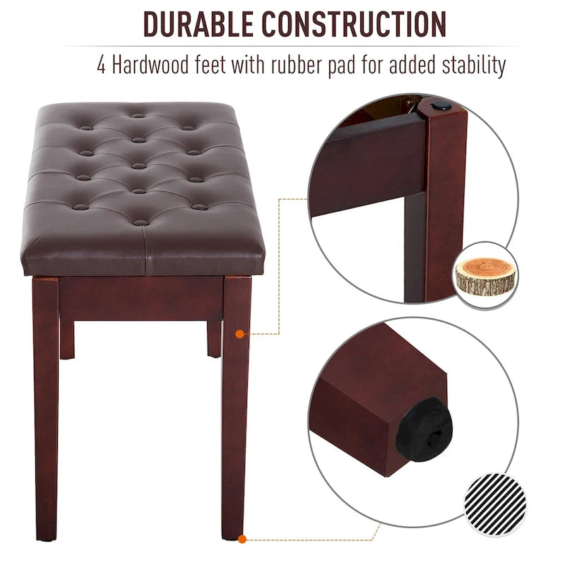 HomCom Banc de piano double/duo rembourré en similicuir avec rangement pour partitions - 34 x 74 x 50 cm