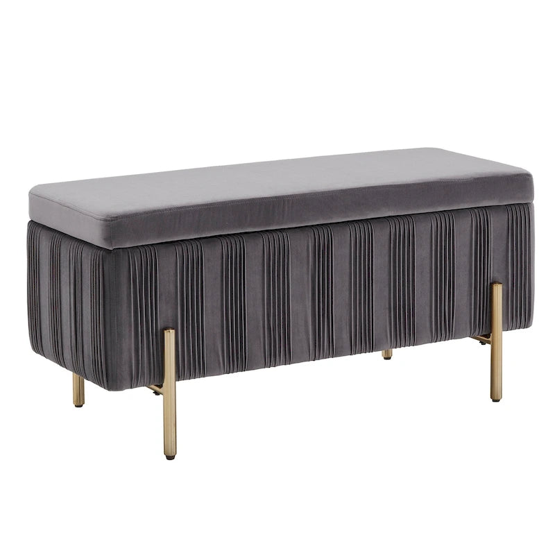 Banc de rangement Lisbeth Grey en velours plissé avec couvercle relevable, par iNSPIRE Q Bold