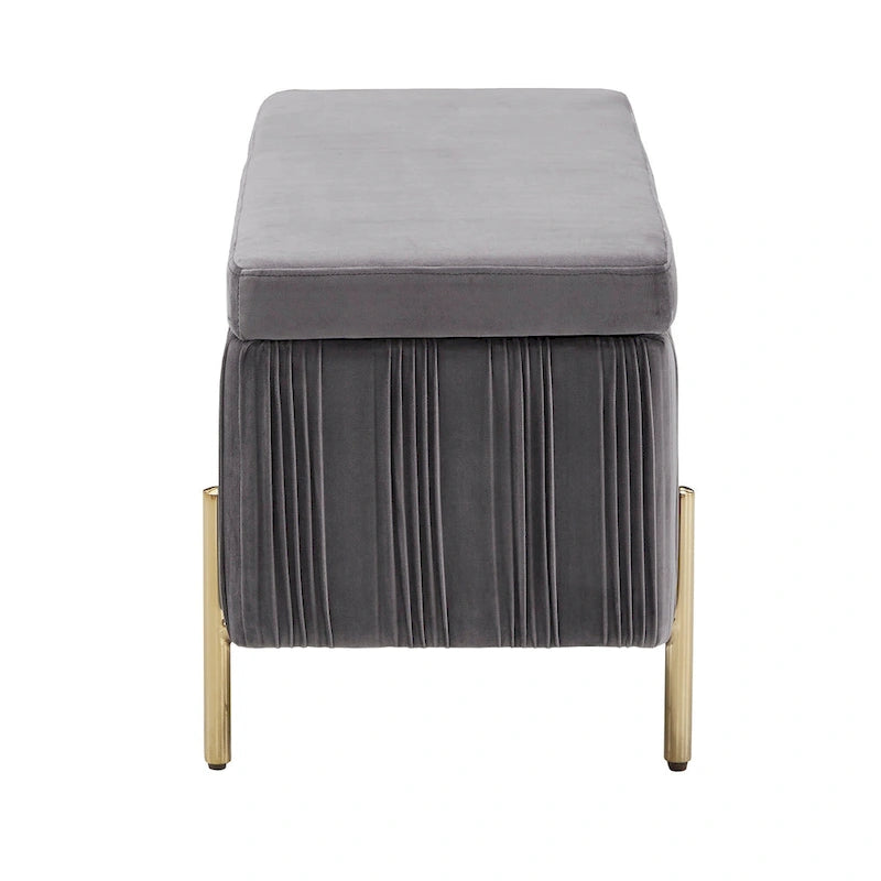 Banc de rangement Lisbeth Grey en velours plissé avec couvercle relevable, par iNSPIRE Q Bold