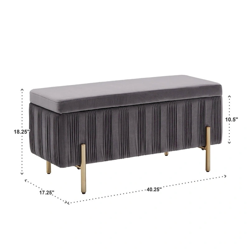 Banc de rangement Lisbeth Grey en velours plissé avec couvercle relevable, par iNSPIRE Q Bold
