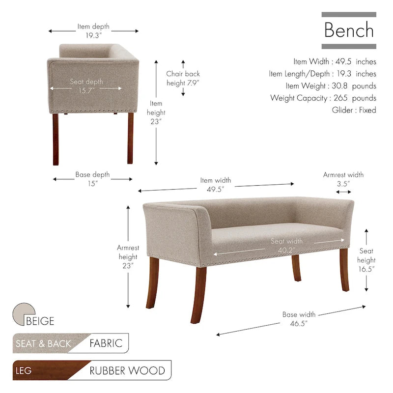 Banc rembourré Porthos Home Nevis en tissu avec pieds en bois d'hévéa