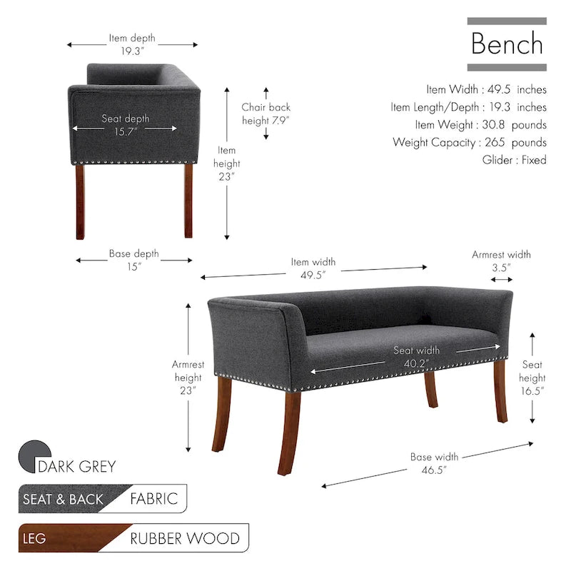 Banc rembourré Porthos Home Nevis en tissu avec pieds en bois d'hévéa