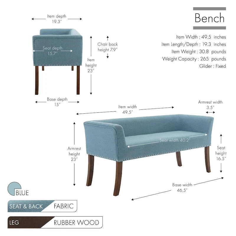 Banc rembourré Porthos Home Nevis en tissu avec pieds en bois d'hévéa