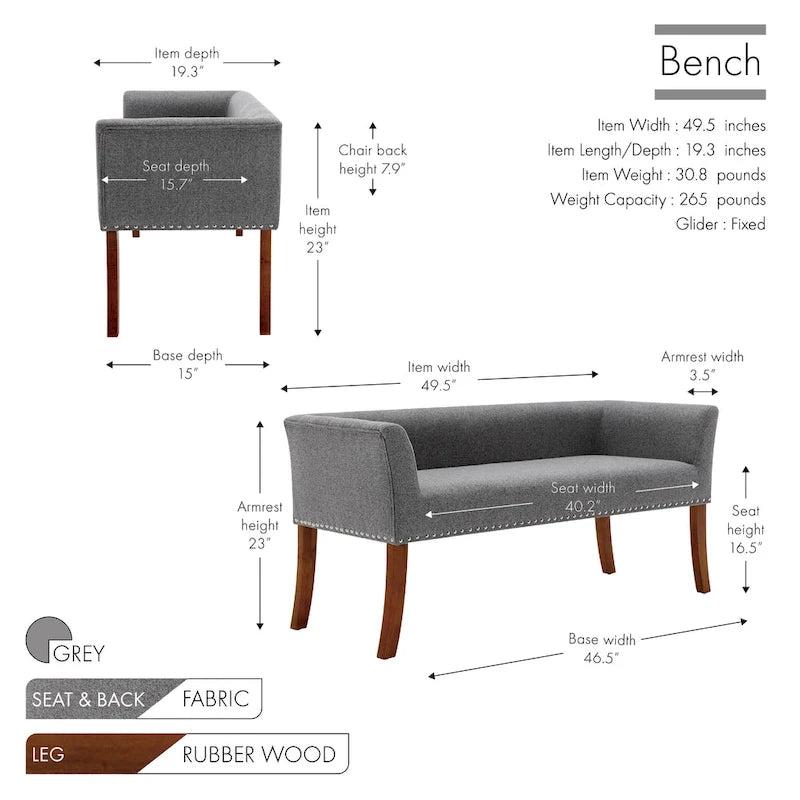 Banc rembourré Porthos Home Nevis en tissu avec pieds en bois d'hévéa