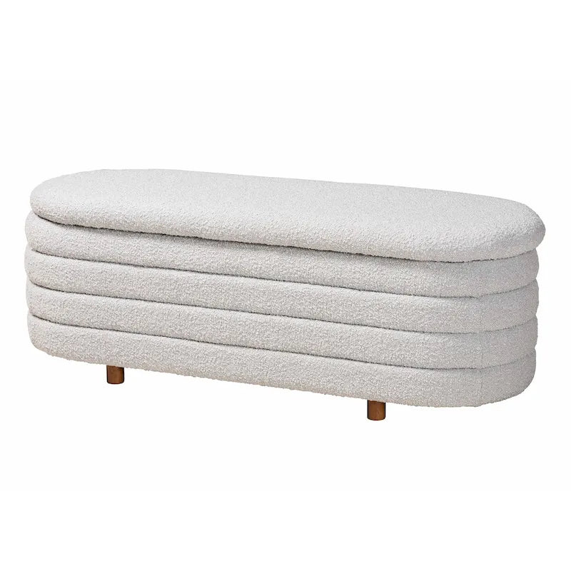 Banc de rangement Betiana en tissu bouclé crème de style Japandi moderne et bois de noyer fini marron