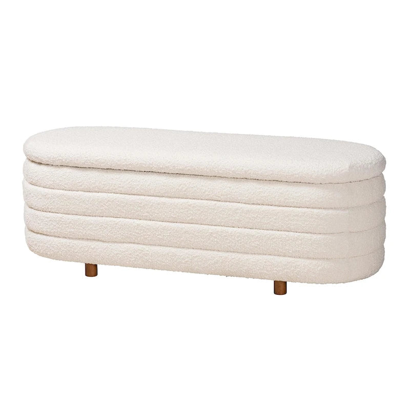 Banc de rangement Betiana en tissu bouclé crème de style Japandi moderne et bois de noyer fini marron