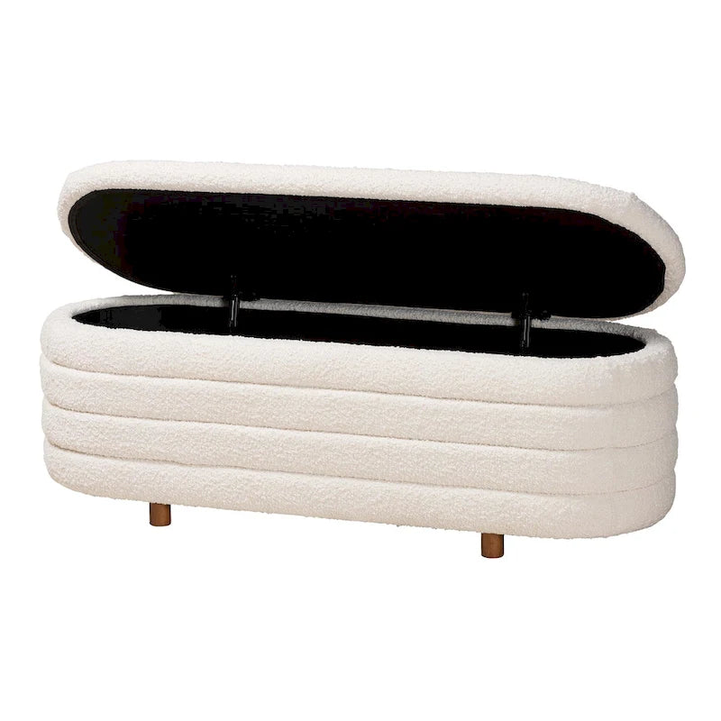 Banc de rangement Betiana en tissu bouclé crème de style Japandi moderne et bois de noyer fini marron