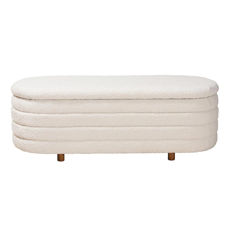 Banc de rangement Betiana en tissu bouclé crème de style Japandi moderne et bois de noyer fini marron
