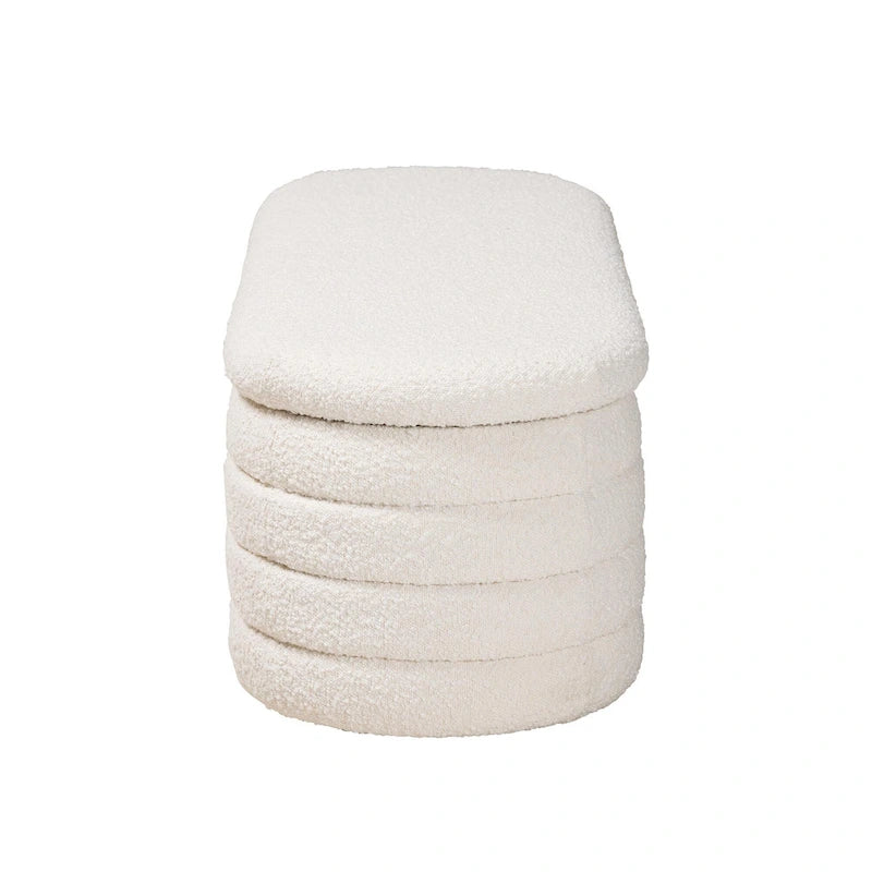 Banc de rangement Betiana en tissu bouclé crème de style Japandi moderne et bois de noyer fini marron