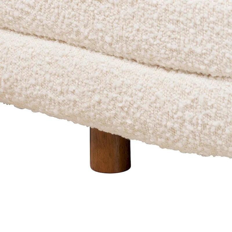 Banc de rangement Betiana en tissu bouclé crème de style Japandi moderne et bois de noyer fini marron