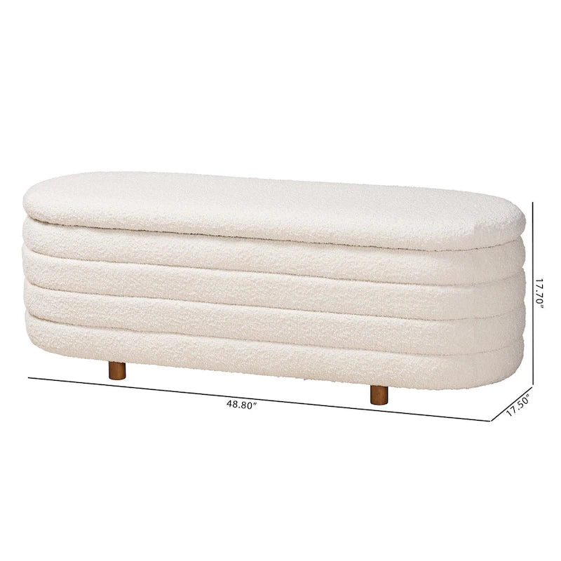 Banc de rangement Betiana en tissu bouclé crème de style Japandi moderne et bois de noyer fini marron