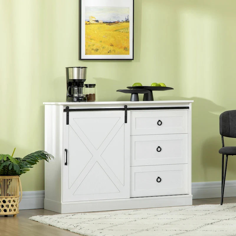 HOMCOM Meuble de bar de style fermier, buffet de cuisine, armoire de rangement avec porte coulissante de grange et 3 tiroirs, gris foncé