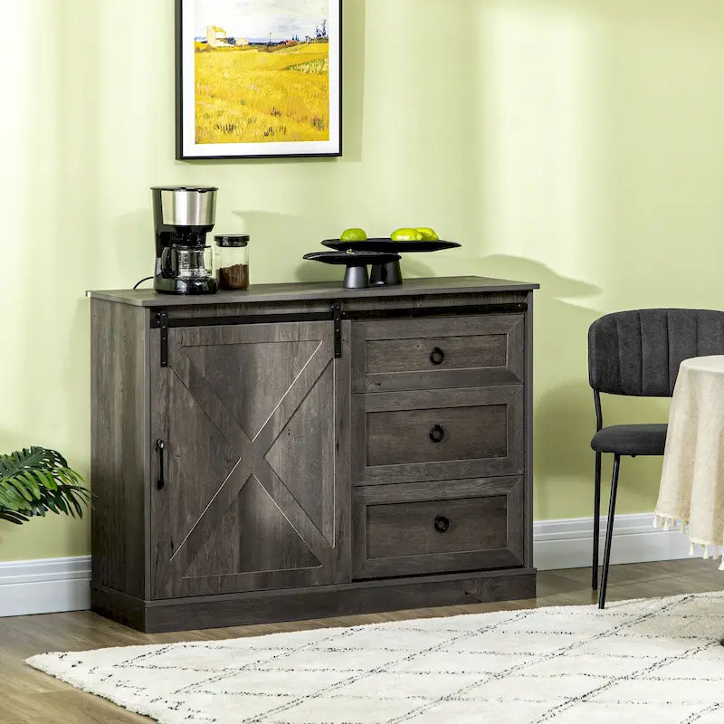 HOMCOM Meuble de bar de style fermier, buffet de cuisine, armoire de rangement avec porte coulissante de grange et 3 tiroirs, gris foncé