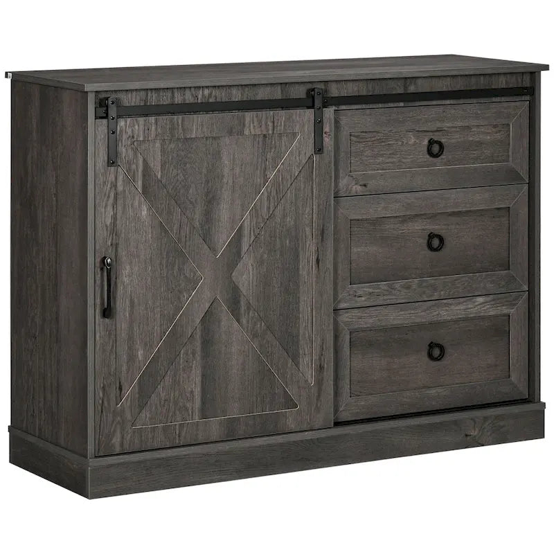 HOMCOM Meuble de bar de style fermier, buffet de cuisine, armoire de rangement avec porte coulissante de grange et 3 tiroirs, gris foncé