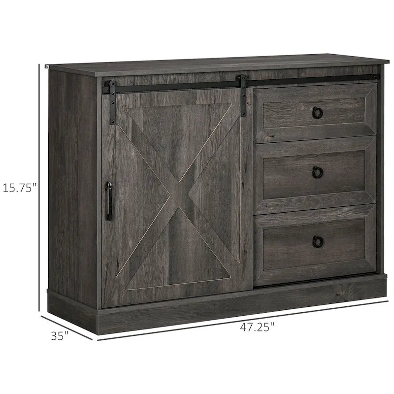 HOMCOM Meuble de bar de style fermier, buffet de cuisine, armoire de rangement avec porte coulissante de grange et 3 tiroirs, gris foncé