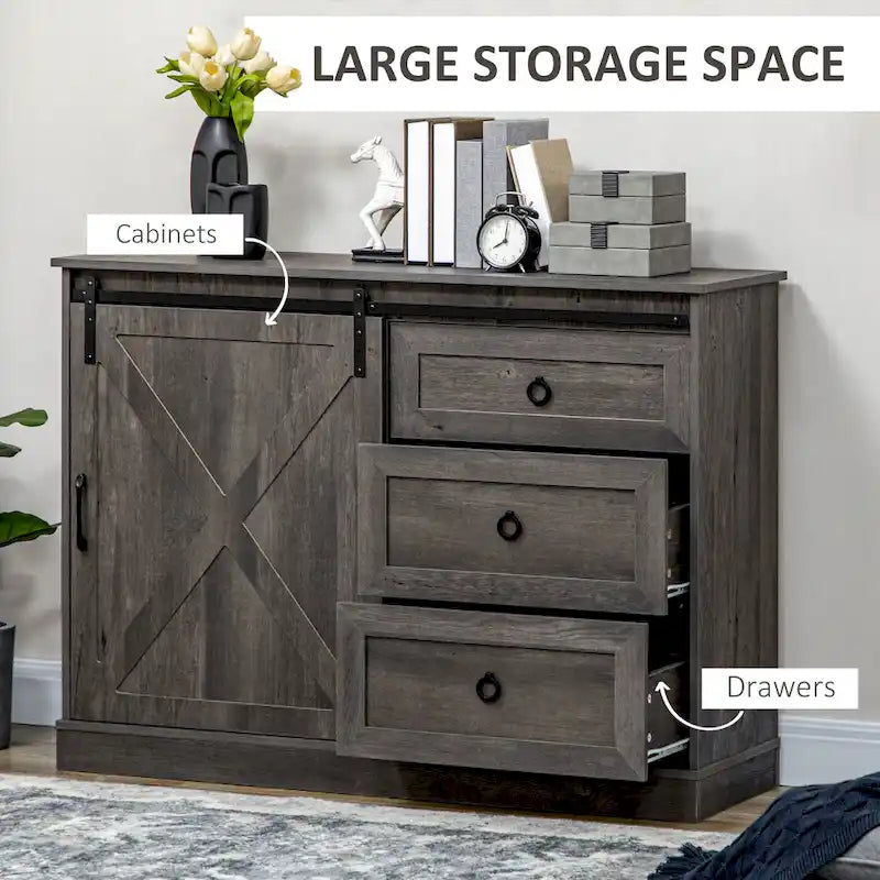 HOMCOM Meuble de bar de style fermier, buffet de cuisine, armoire de rangement avec porte coulissante de grange et 3 tiroirs, gris foncé