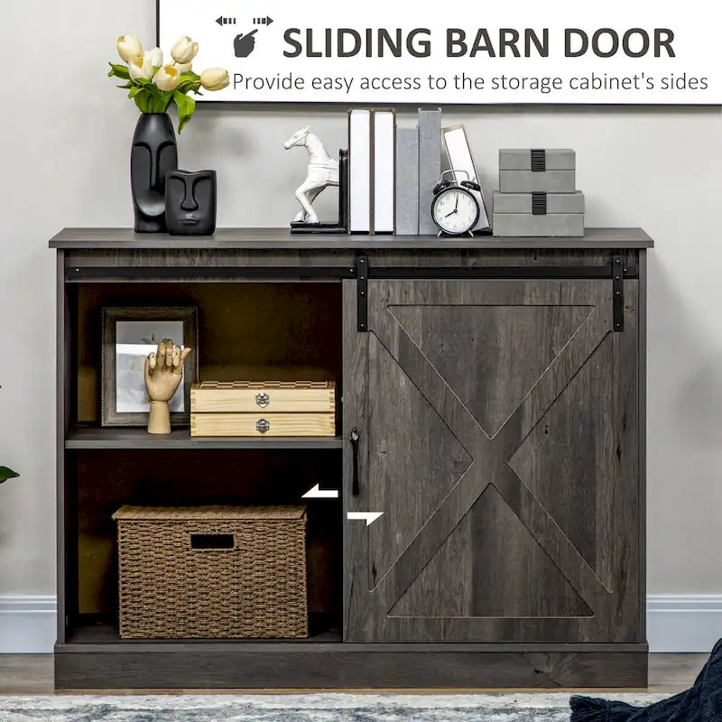 HOMCOM Meuble de bar de style fermier, buffet de cuisine, armoire de rangement avec porte coulissante de grange et 3 tiroirs, gris foncé