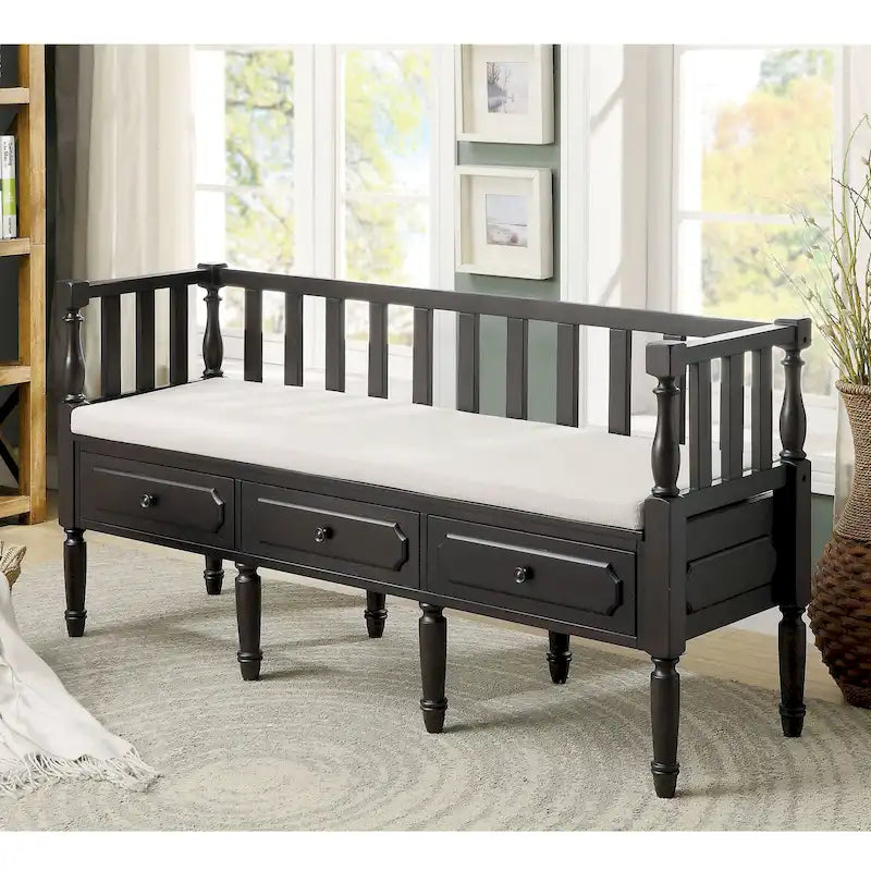Banc de rangement Kram Farmhouse avec 3 tiroirs rembourrés en tissu par Furniture of America