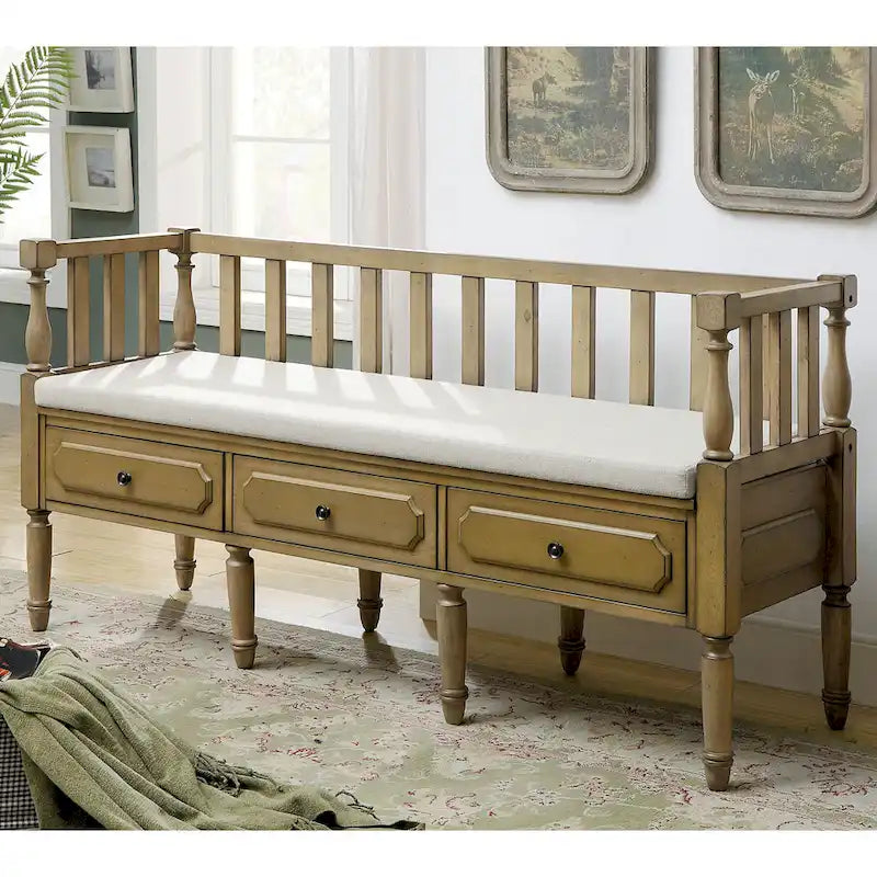 Banc de rangement Kram Farmhouse avec 3 tiroirs rembourrés en tissu par Furniture of America