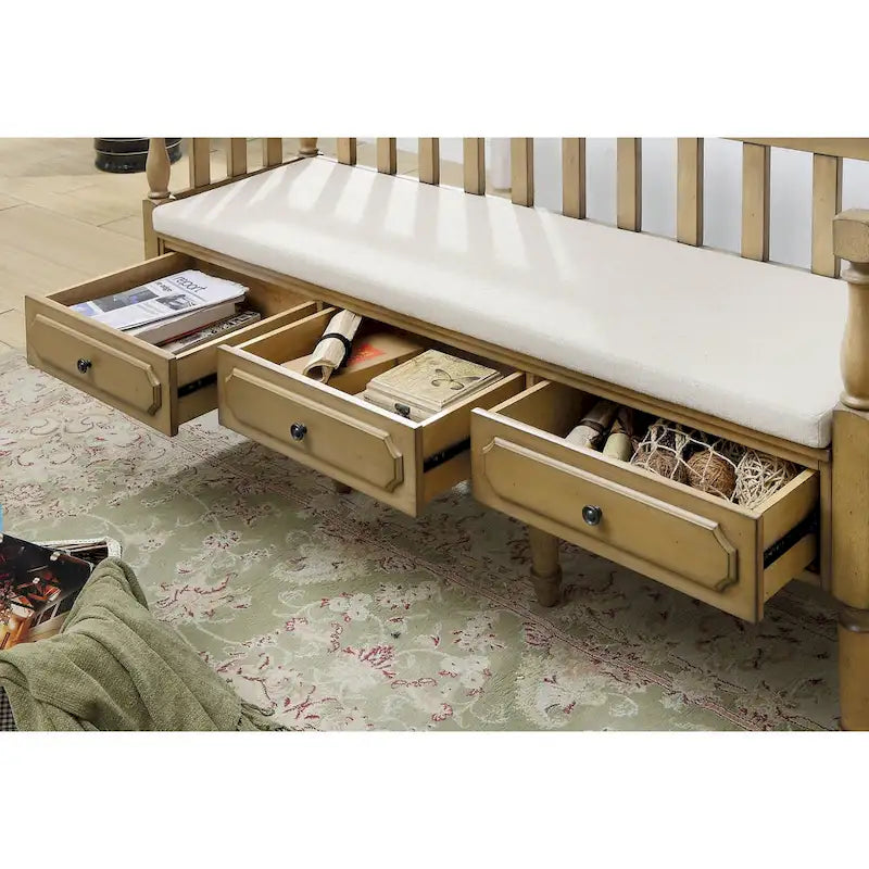 Banc de rangement Kram Farmhouse avec 3 tiroirs rembourrés en tissu par Furniture of America