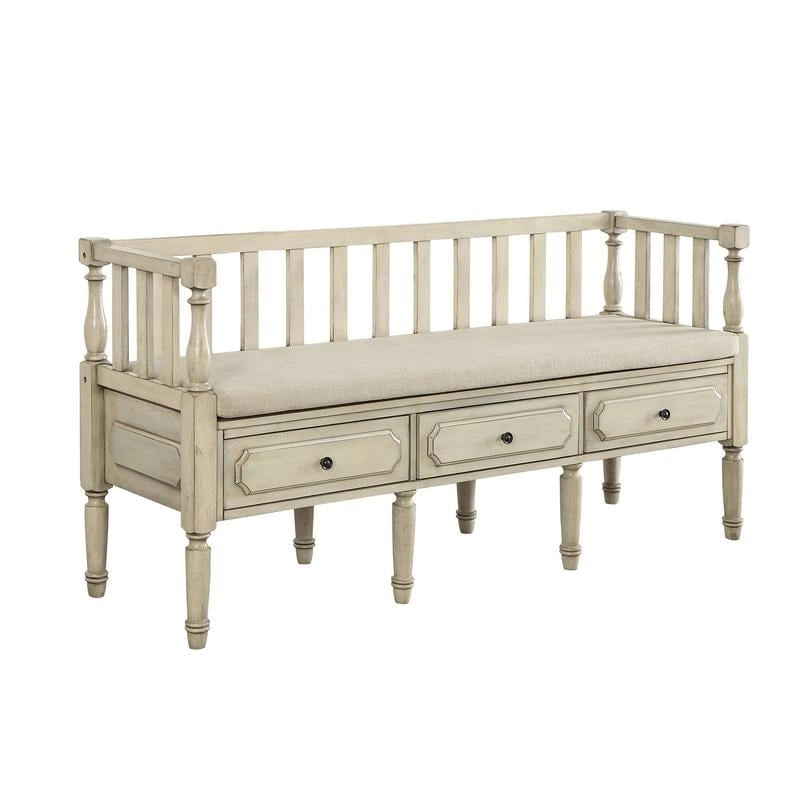 Banc de rangement Kram Farmhouse avec 3 tiroirs rembourrés en tissu par Furniture of America