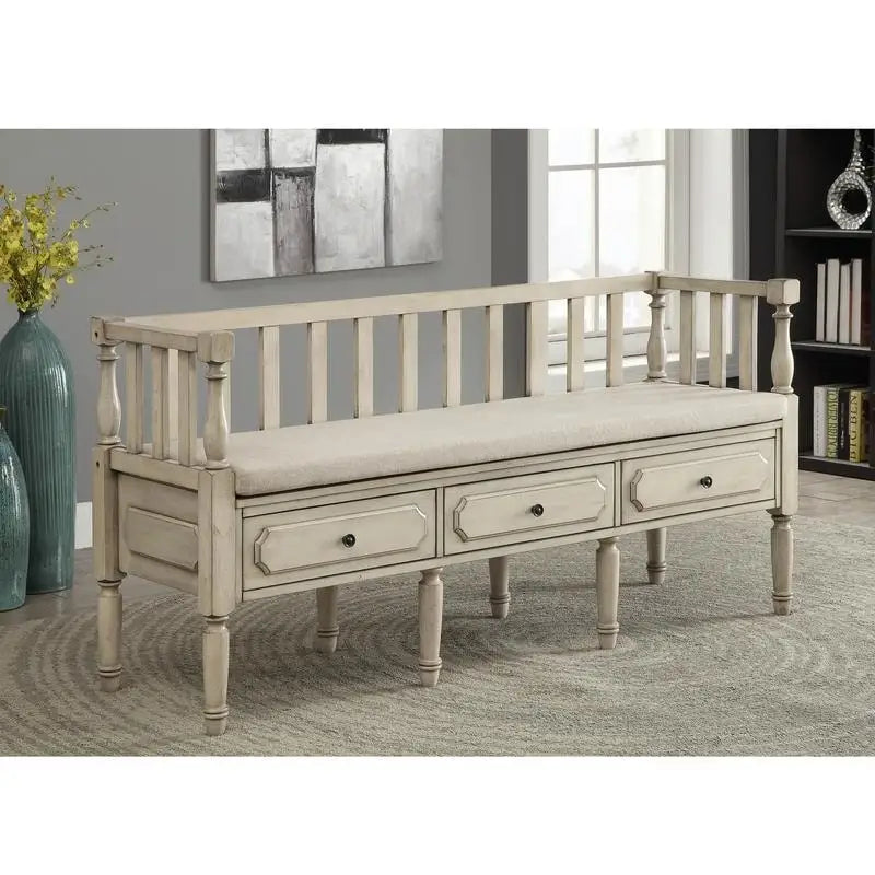 Banc de rangement Kram Farmhouse avec 3 tiroirs rembourrés en tissu par Furniture of America