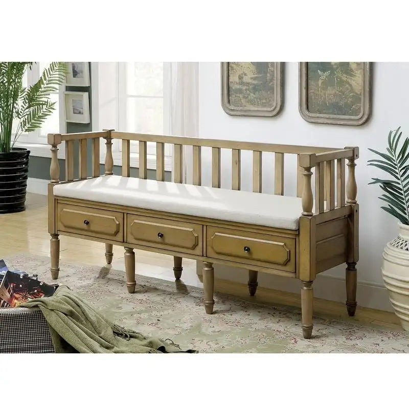 Banc de rangement Kram Farmhouse avec 3 tiroirs rembourrés en tissu par Furniture of America