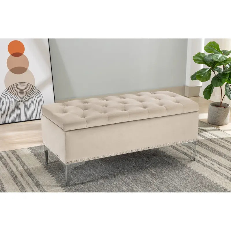 Banc de rangement ottoman Porthos Home Helge en velours avec dessus rabattable et pieds chromés