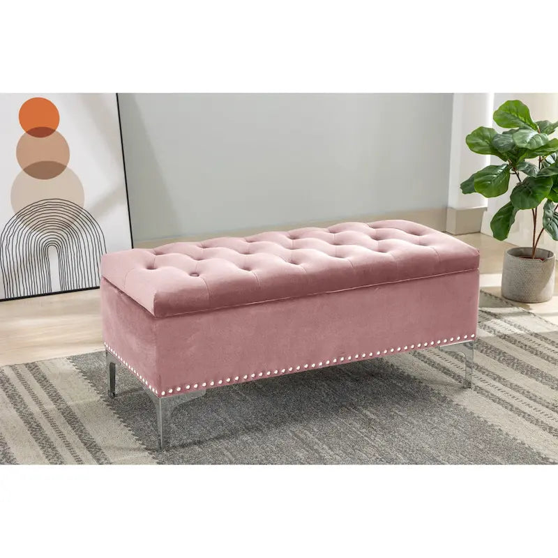 Banc de rangement ottoman Porthos Home Helge en velours avec dessus rabattable et pieds chromés