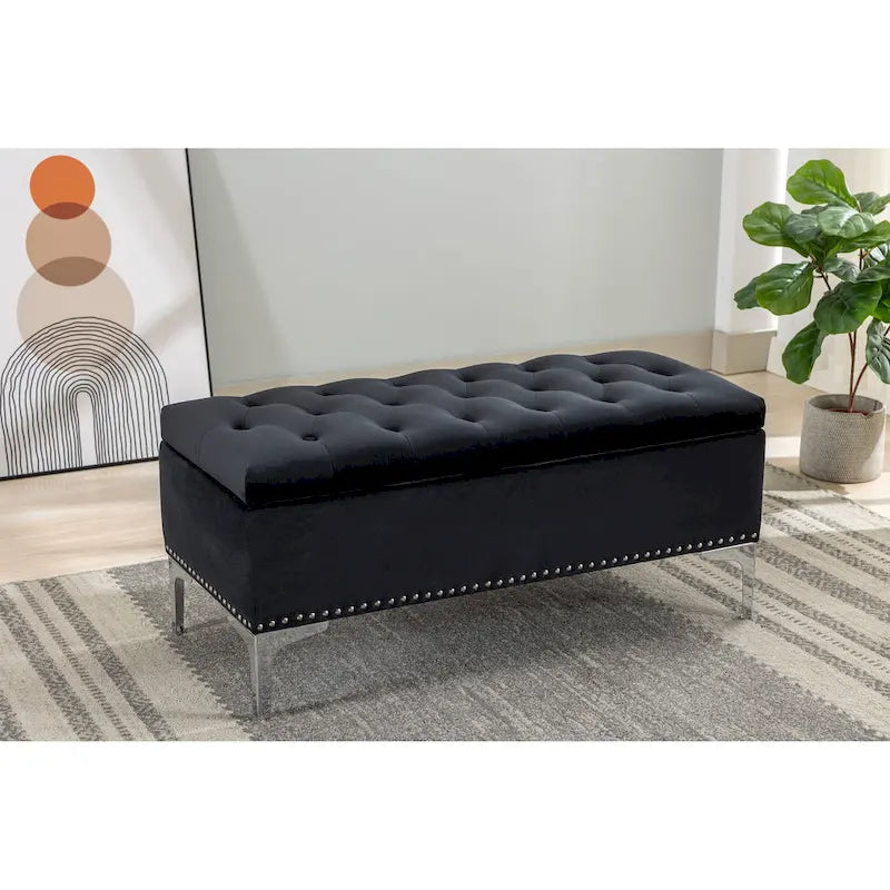 Banc de rangement ottoman Porthos Home Helge en velours avec dessus rabattable et pieds chromés