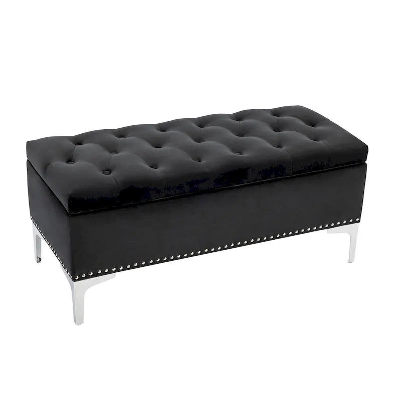 Banc de rangement ottoman Porthos Home Helge en velours avec dessus rabattable et pieds chromés