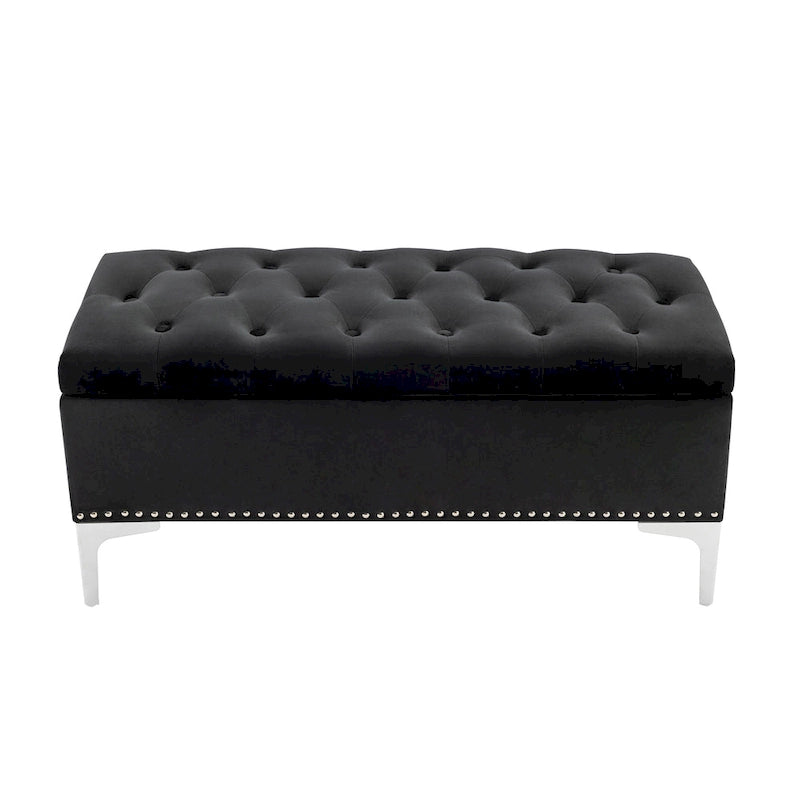 Banc de rangement ottoman Porthos Home Helge en velours avec dessus rabattable et pieds chromés