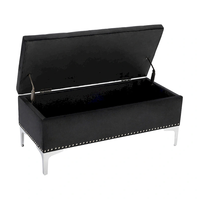 Banc de rangement ottoman Porthos Home Helge en velours avec dessus rabattable et pieds chromés