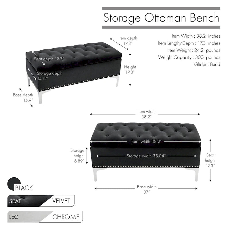 Banc de rangement ottoman Porthos Home Helge en velours avec dessus rabattable et pieds chromés