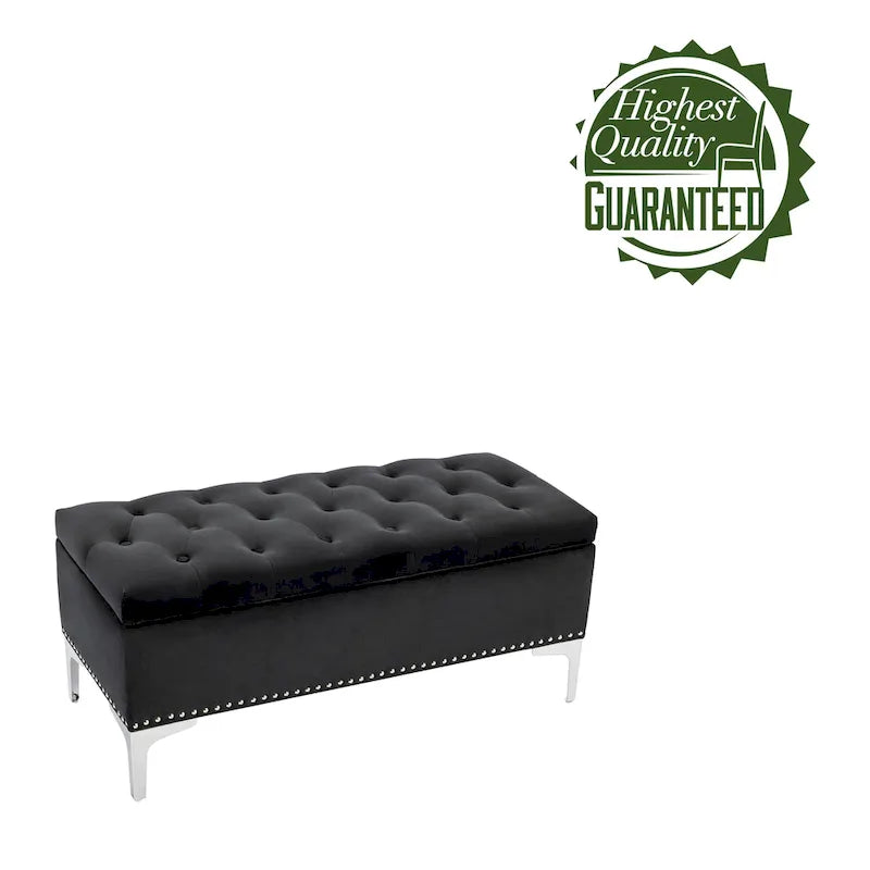 Banc de rangement ottoman Porthos Home Helge en velours avec dessus rabattable et pieds chromés