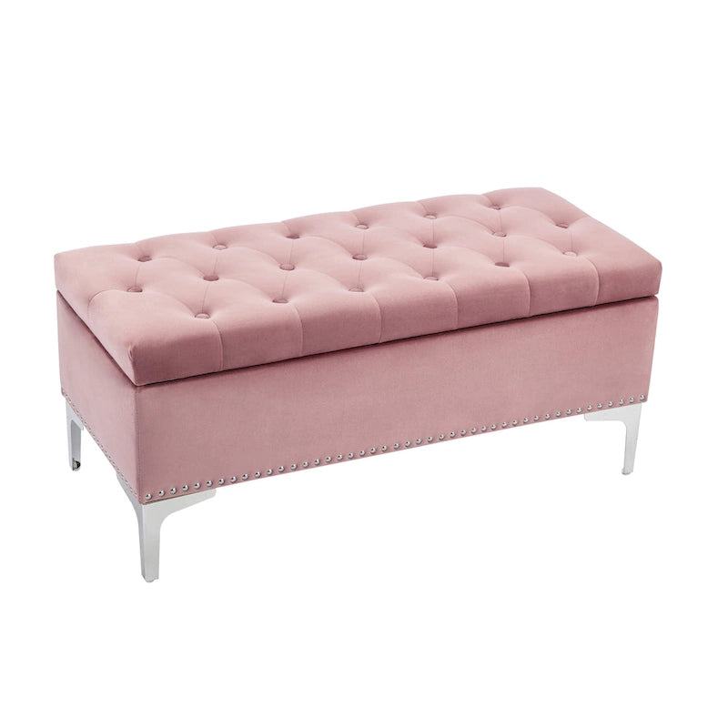 Banc de rangement ottoman Porthos Home Helge en velours avec dessus rabattable et pieds chromés